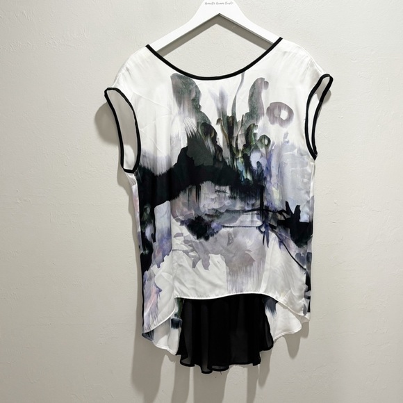 KAY CELINE Women’s Multicolor Abstract Chiffon Sleeveless Blouse Sheer Back Sz S - Picture 1 of 8